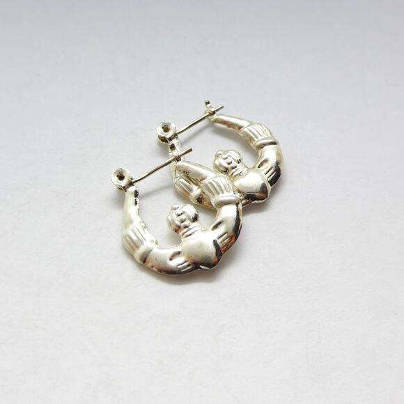 BOGO FREE Silver Claddagh Hoop Earrings Pierced Hands Heart Love 1" - Picture 1 of 4